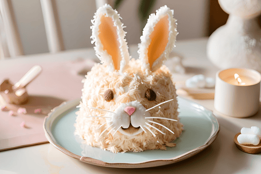 Torta di coniglietto pasquale stravagante con pelliccia di cocco e orecchie marshmallow