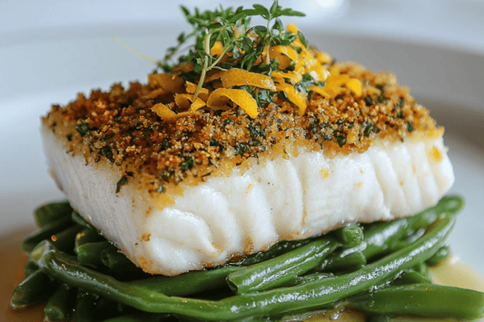 Pesce bianco croccante con crosta di erbe al limone e fagiolini all'aglio