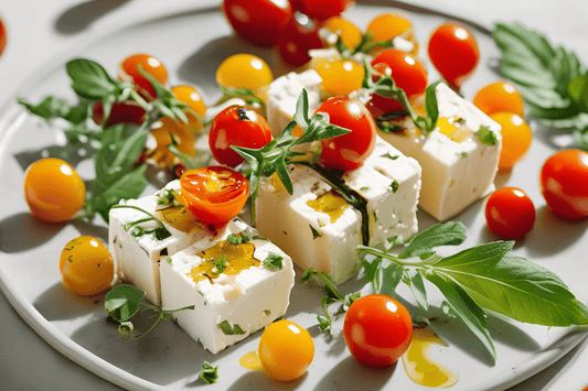 Feta marinata alle erbe in olio d'oliva con aglio e limone