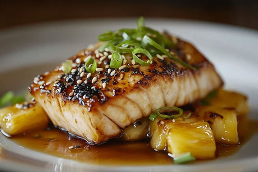 Mahi mahi scottato in padella con ananas teriyaki glassa