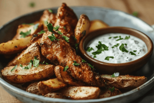 Fakeaway di pollo al forno croccante con spicchi speziati e salsa di yogurt all'aglio