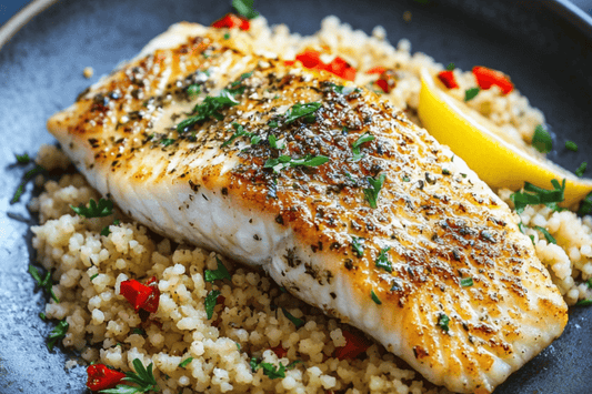 Bassi marittimi scottati con salsa di burro al limone e couscous di erbe