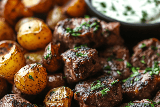 Cena del sabato sera: bistecche di bistecca al burro di aglio con patate arrostite e aioli alle erbe