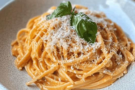 Pasta di aglio a pomodoro cremoso veloce con basilico e parmigiano