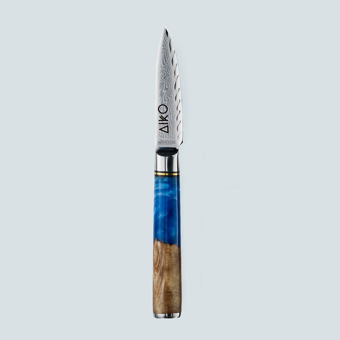 Aiko Blue (あいこ, アイコ) Damasco Knife in acciaio con maniglia di resina blu colorata