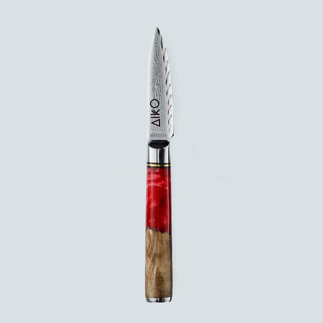 Aiko rosso (あいこ, アイコ) coltello in acciaio damasco con manico in resina rossa colorata