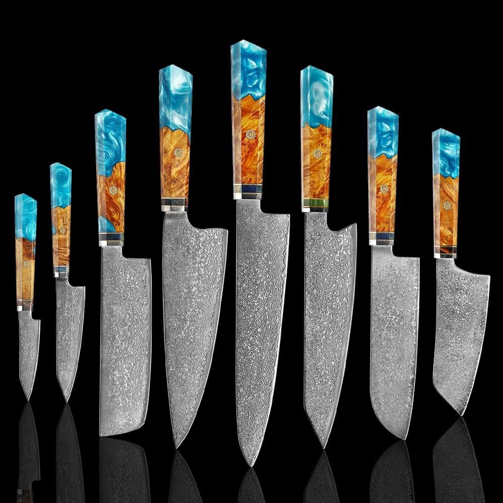 Coltelli in acciaio Makito Damasco con maniglia di resina blu colorata