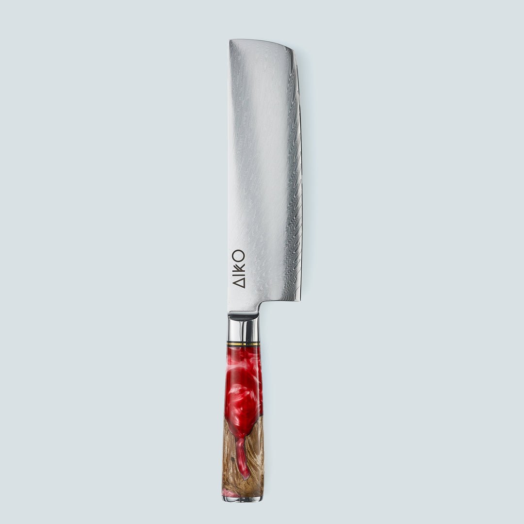 Aiko rosso (あいこ, アイコ) coltello in acciaio damasco con manico in resina rossa colorata