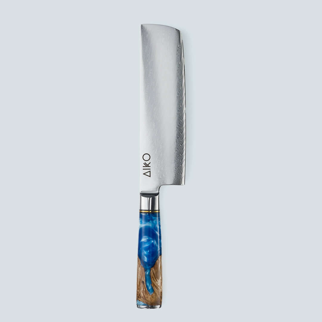 Aiko Blue (あいこ, アイコ) Damasco Knife in acciaio con maniglia di resina blu colorata