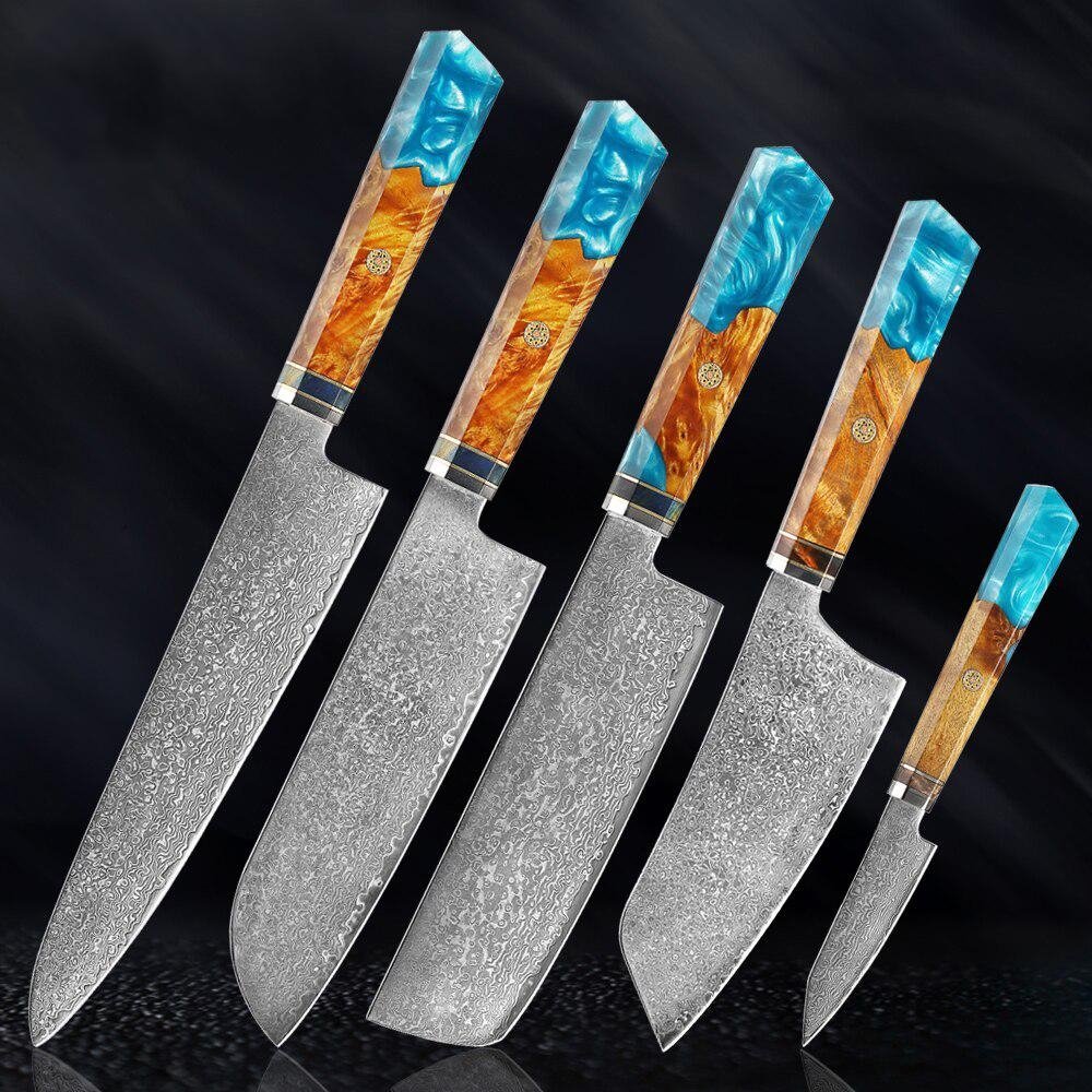 Coltelli in acciaio Makito Damasco con maniglia di resina blu colorata
