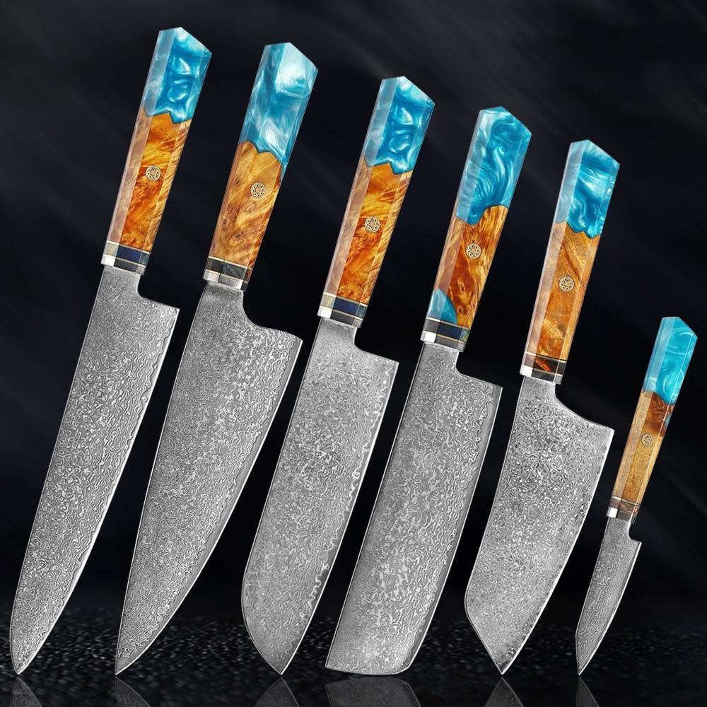 Coltelli in acciaio Makito Damasco con maniglia di resina blu colorata