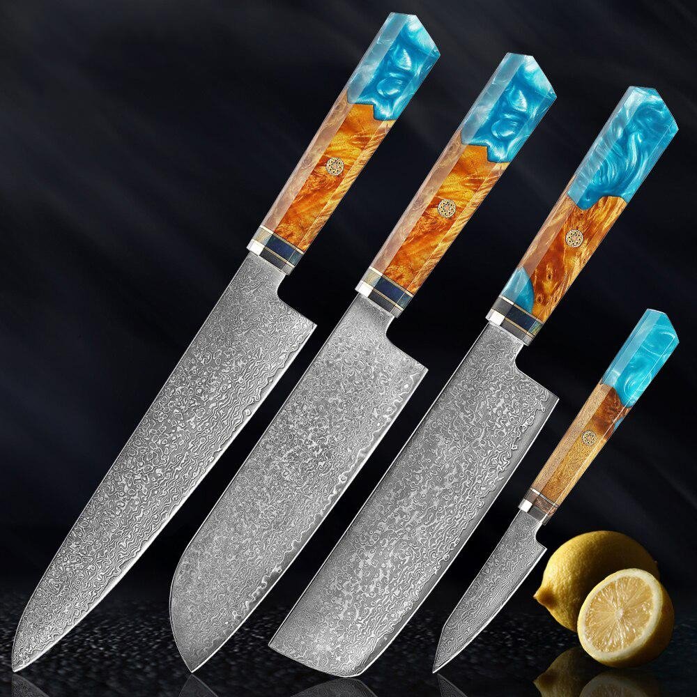 Coltelli in acciaio Makito Damasco con maniglia di resina blu colorata