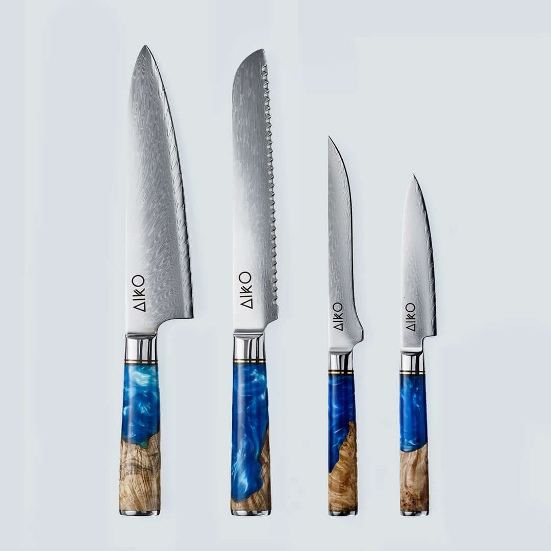 Aiko Blue (あいこ, アイコ) Damasco Knife in acciaio con maniglia di resina blu colorata