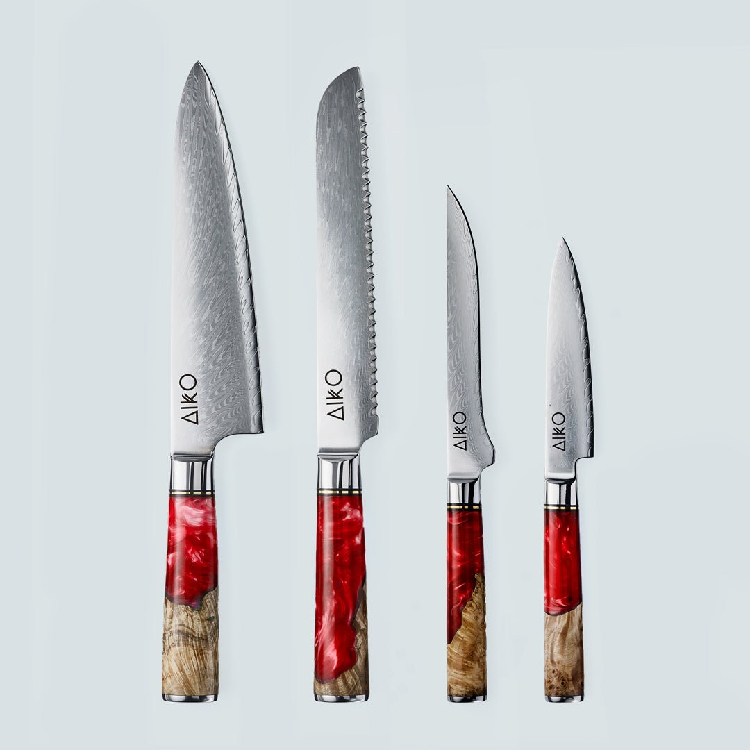 Aiko rosso (あいこ, アイコ) coltello in acciaio damasco con manico in resina rossa colorata