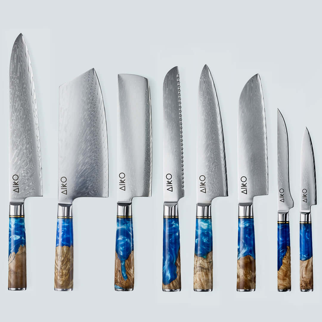 Aiko Blue (あいこ, アイコ) Damasco Knife in acciaio con maniglia di resina blu colorata
