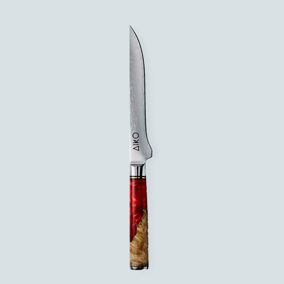 Aiko rosso (あいこ, アイコ) coltello in acciaio damasco con manico in resina rossa colorata