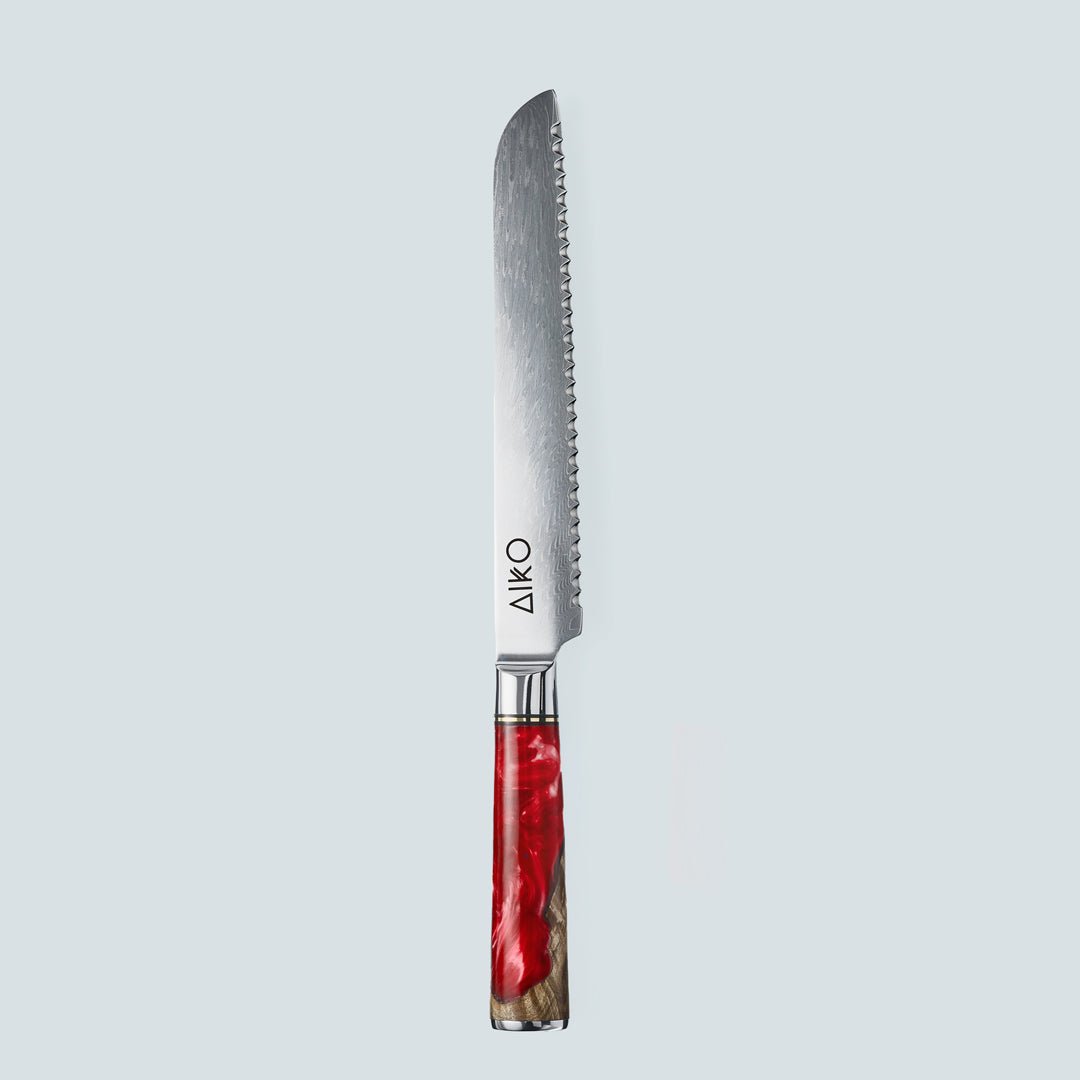 Aiko rosso (あいこ, アイコ) coltello in acciaio damasco con manico in resina rossa colorata
