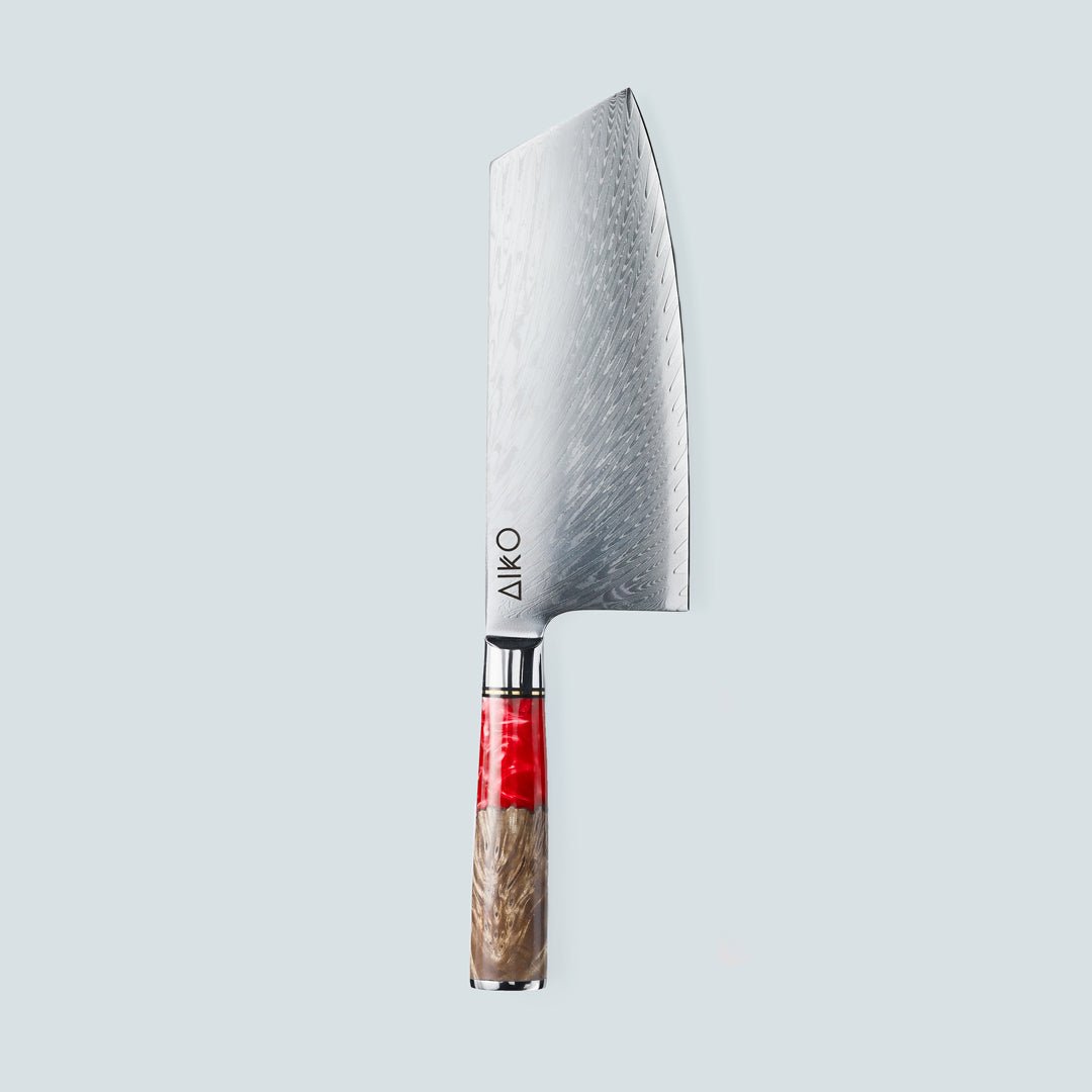 Aiko rosso (あいこ, アイコ) coltello in acciaio damasco con manico in resina rossa colorata