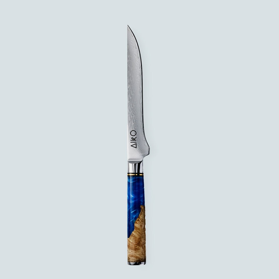 Aiko Blue (あいこ, アイコ) Damasco Knife in acciaio con maniglia di resina blu colorata