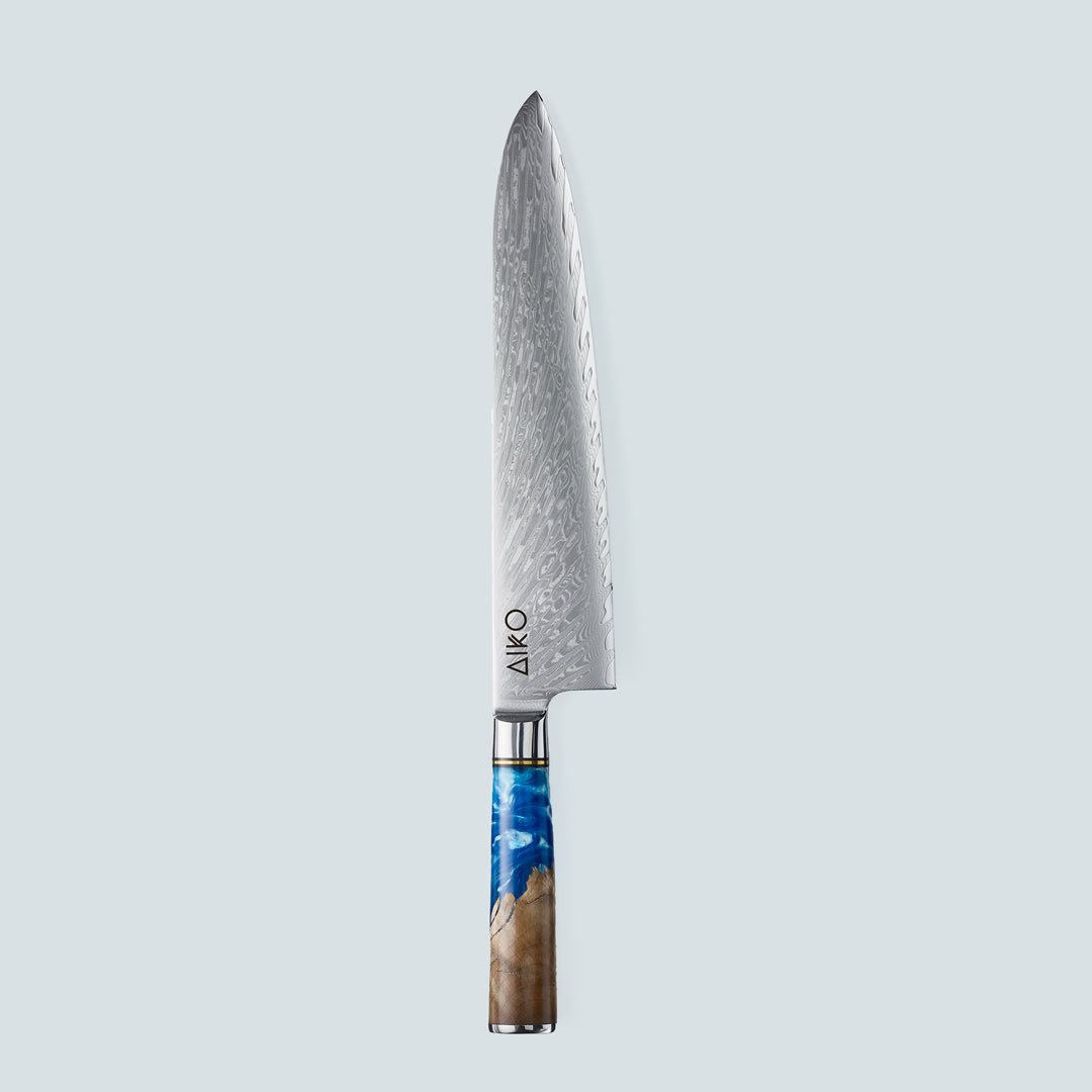 Aiko Blue (あいこ, アイコ) Damasco Knife in acciaio con maniglia di resina blu colorata