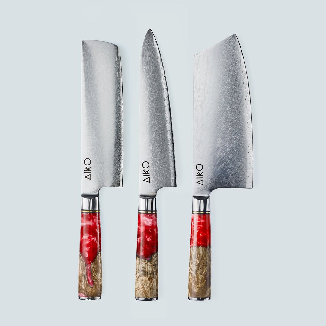 Aiko rosso (あいこ, アイコ) coltello in acciaio damasco con manico in resina rossa colorata