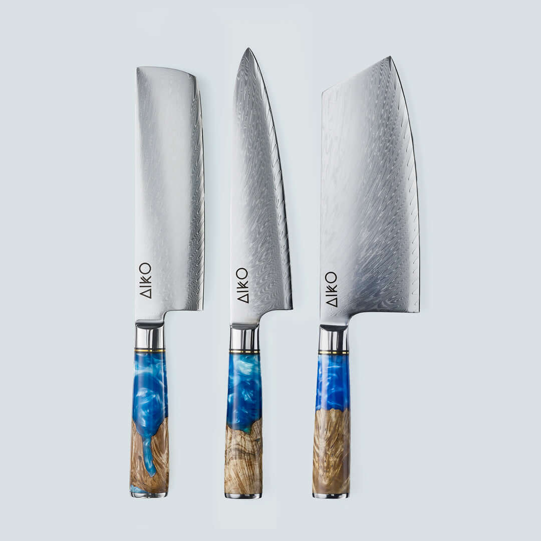 Aiko Blue (あいこ, アイコ) Damasco Knife in acciaio con maniglia di resina blu colorata