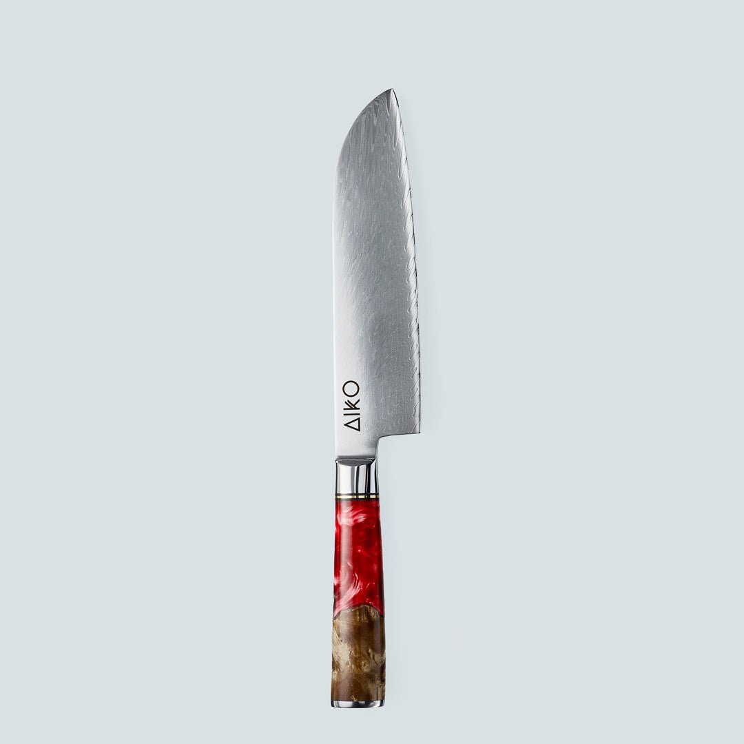 Aiko rosso (あいこ, アイコ) coltello in acciaio damasco con manico in resina rossa colorata