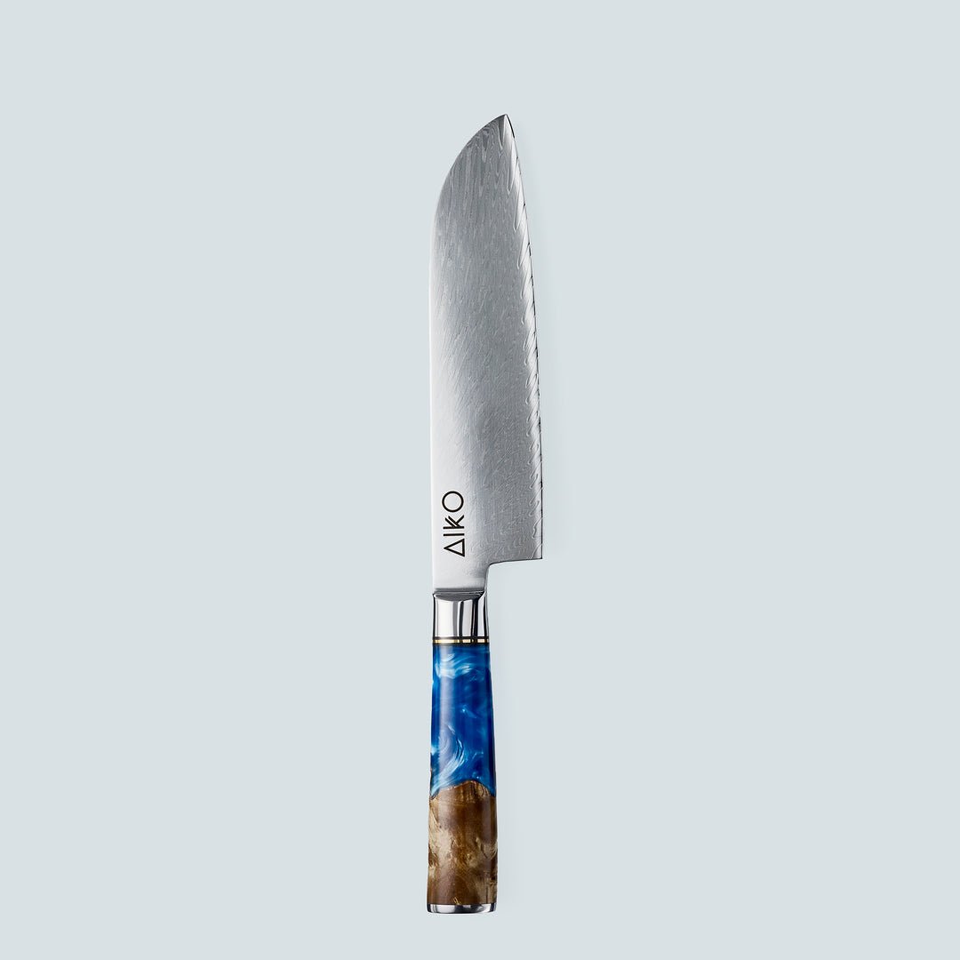 Aiko Blue (あいこ, アイコ) Damasco Knife in acciaio con maniglia di resina blu colorata