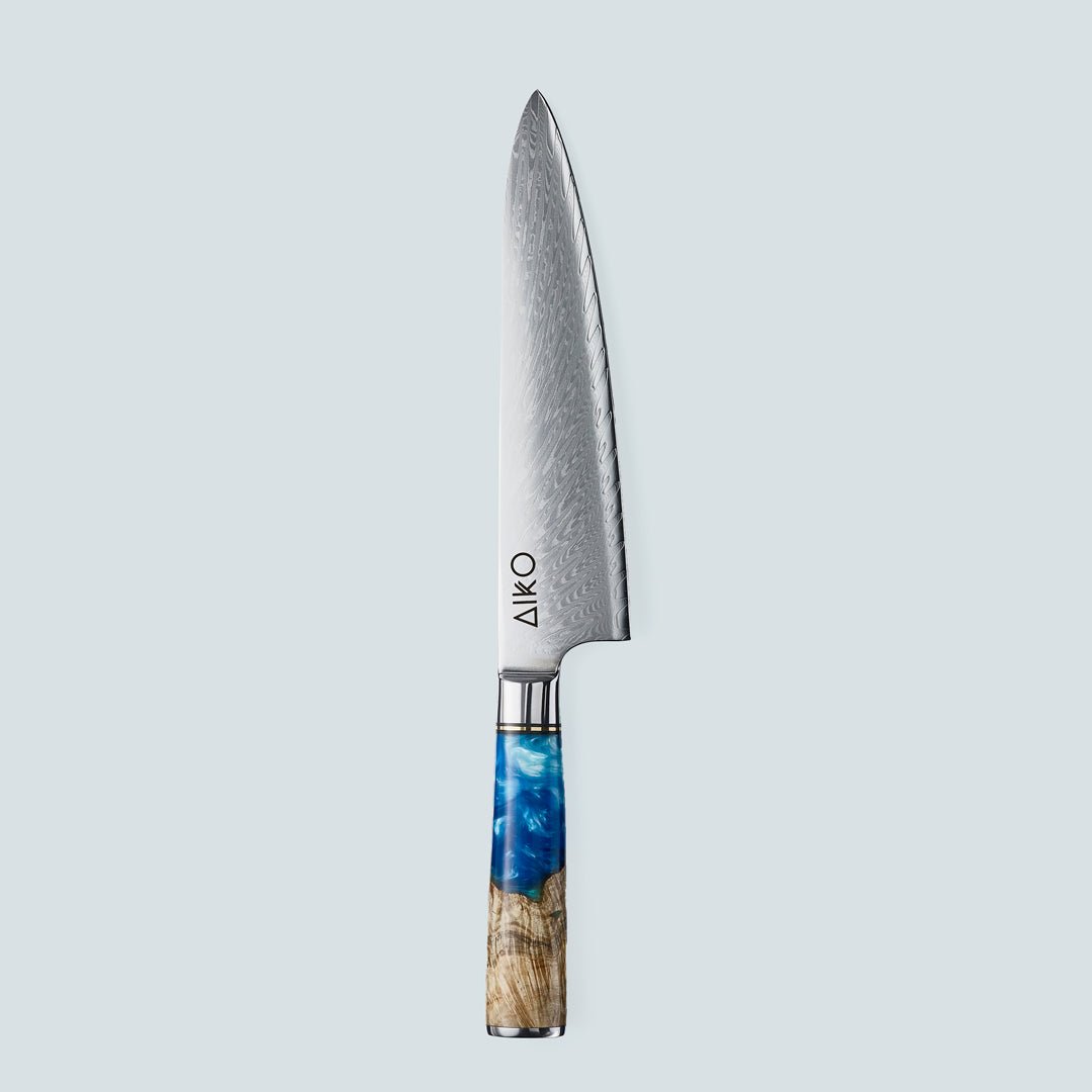 Aiko Blue (あいこ, アイコ) Damasco Knife in acciaio con maniglia di resina blu colorata