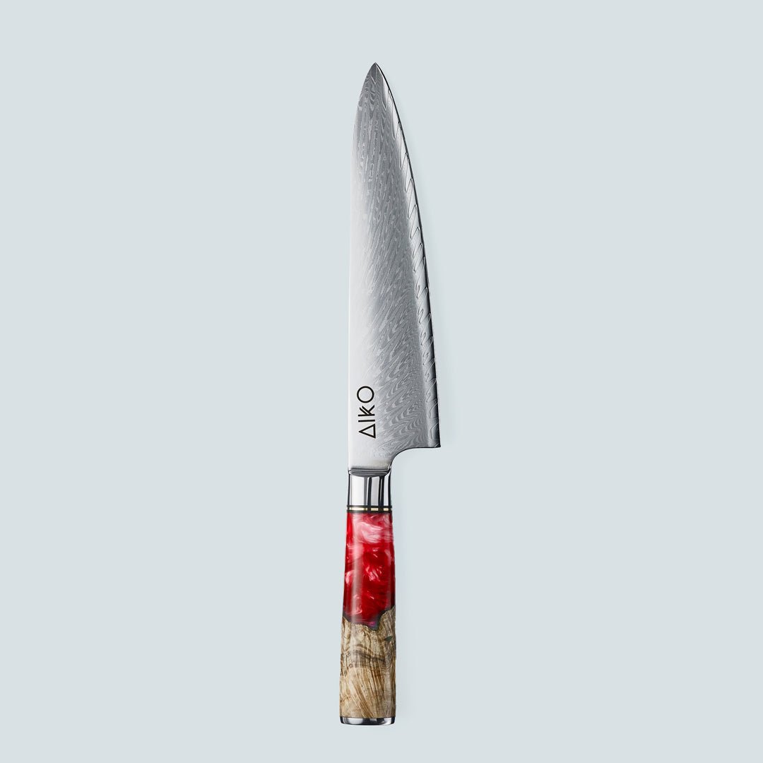 Aiko rosso (あいこ, アイコ) coltello in acciaio damasco con manico in resina rossa colorata