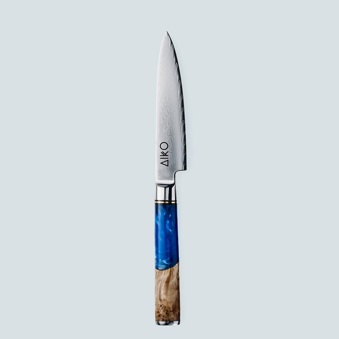 Aiko Blue (あいこ, アイコ) Damasco Knife in acciaio con maniglia di resina blu colorata