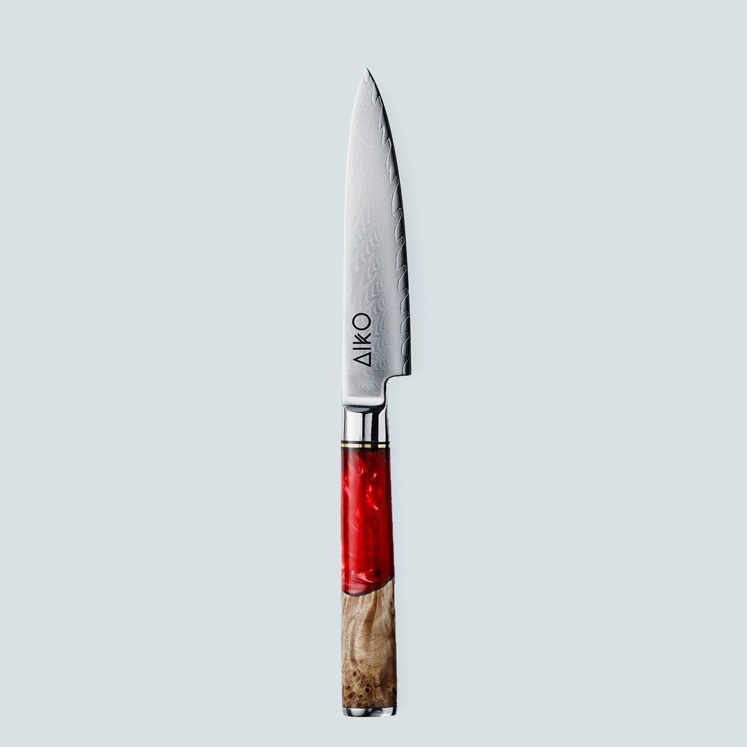 Aiko rosso (あいこ, アイコ) coltello in acciaio damasco con manico in resina rossa colorata