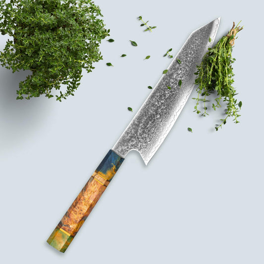Ichika (いちか) damasco coltello in acciaio con manico ottagonale colorato