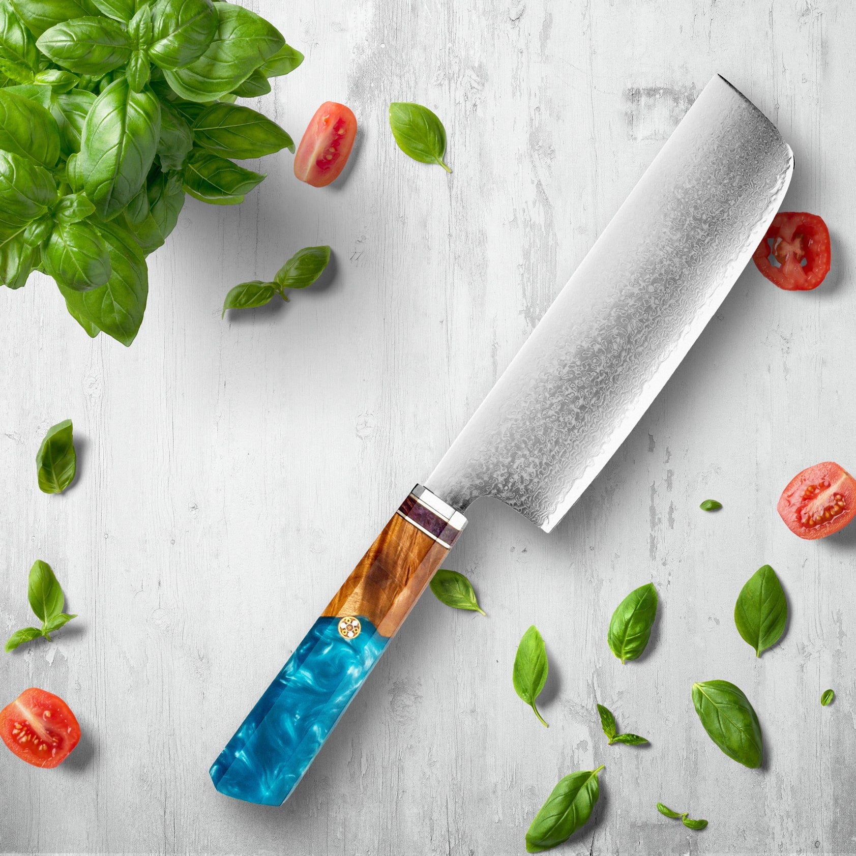 Coltelli in acciaio Makito Damasco con maniglia di resina blu colorata