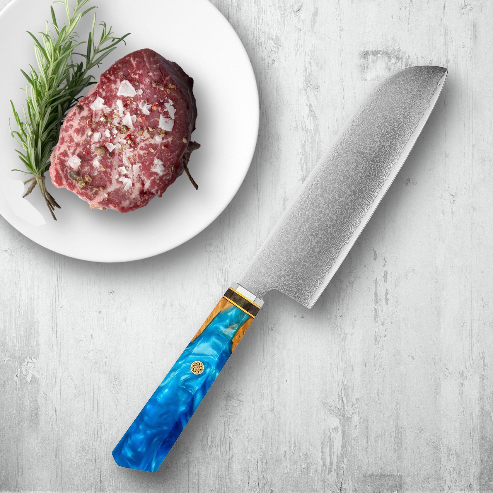 Coltelli in acciaio Makito Damasco con maniglia di resina blu colorata