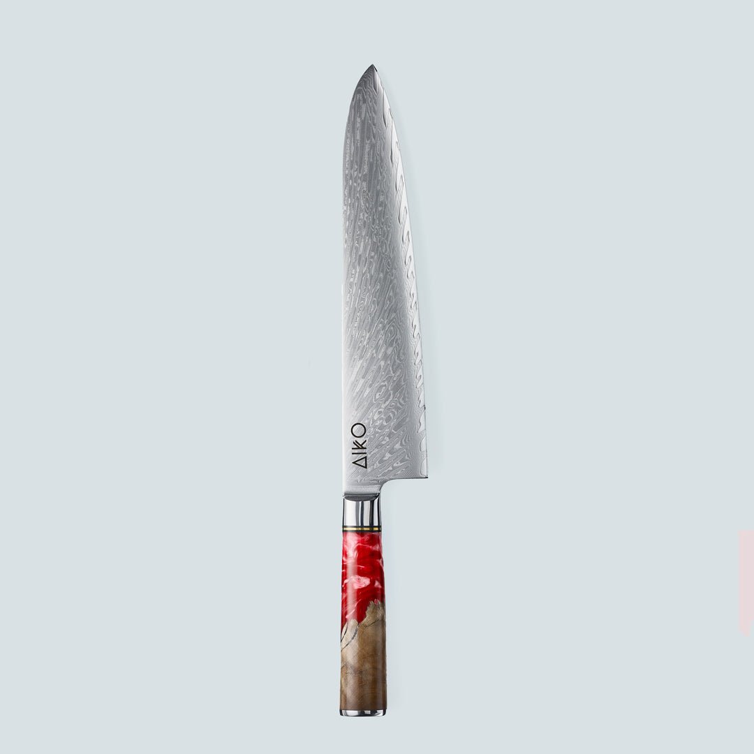 Aiko rosso (あいこ, アイコ) coltello in acciaio damasco con manico in resina rossa colorata