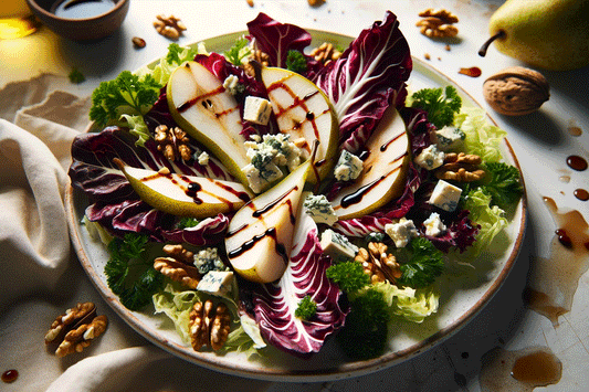 Foglie di radicchio nitide gettate con pere dolci e gorgonzola cremosa