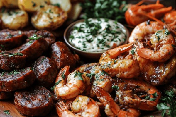 Spanish Tapas Platter with Patatas Bravas, Chorizo al Vino, and Garlic Prawns