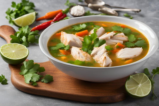 Caldo de pollo o zuppa di pollo abbondante con verdure