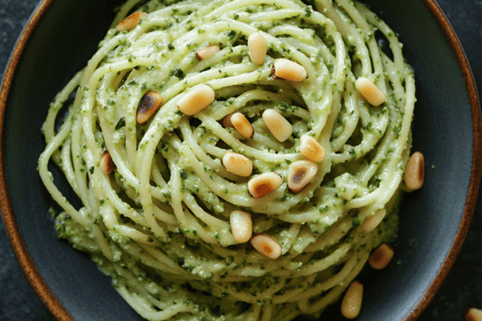 Creamy Wild Garlic Pesto Pasta with Toasted Pine Nuts