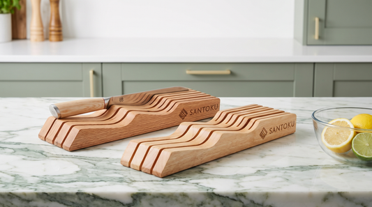 Wooden in-drawer knife organiser on a green-veined marble worktop, holding kitchen knives flat and separated