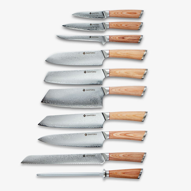 Set coltelli da cucina Haruta VG10 in acciaio damasco giapponese da 10 pezzi con manici in legno e fodero
