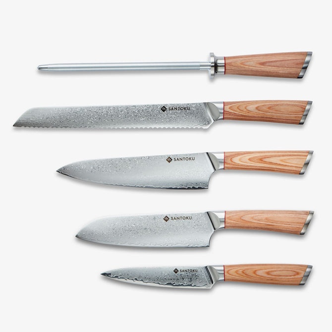 Set coltelli da cucina Haruta VG10 in acciaio damasco giapponese da 5 pezzi con manici in legno e fodero