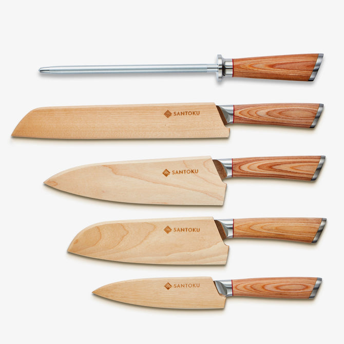 Set coltelli da cucina Haruta VG10 in acciaio damasco giapponese da 5 pezzi con manici in legno e fodero