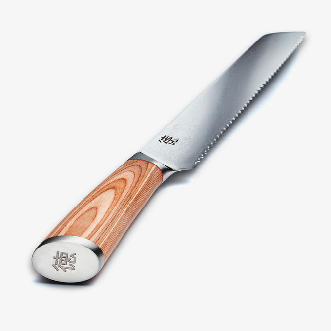 Coltello da pane giapponese in acciaio damasco Haruta da 10 pollici VG10 con manico in legno e fodero