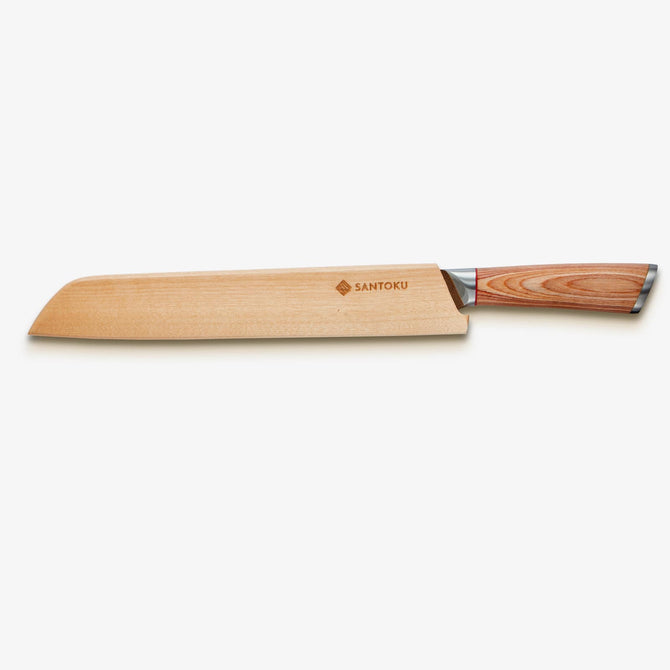 Coltello da pane giapponese in acciaio damasco Haruta da 10 pollici VG10 con manico in legno e fodero