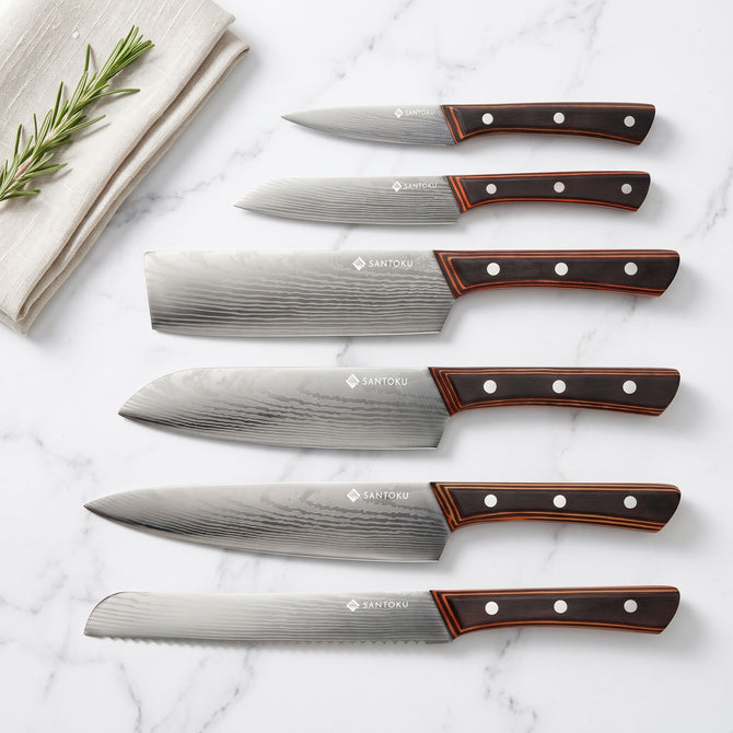 Set di coltelli da cucina Yuhi da 6 pezzi con motivo damasco con manici in pakkawood e confezione regalo