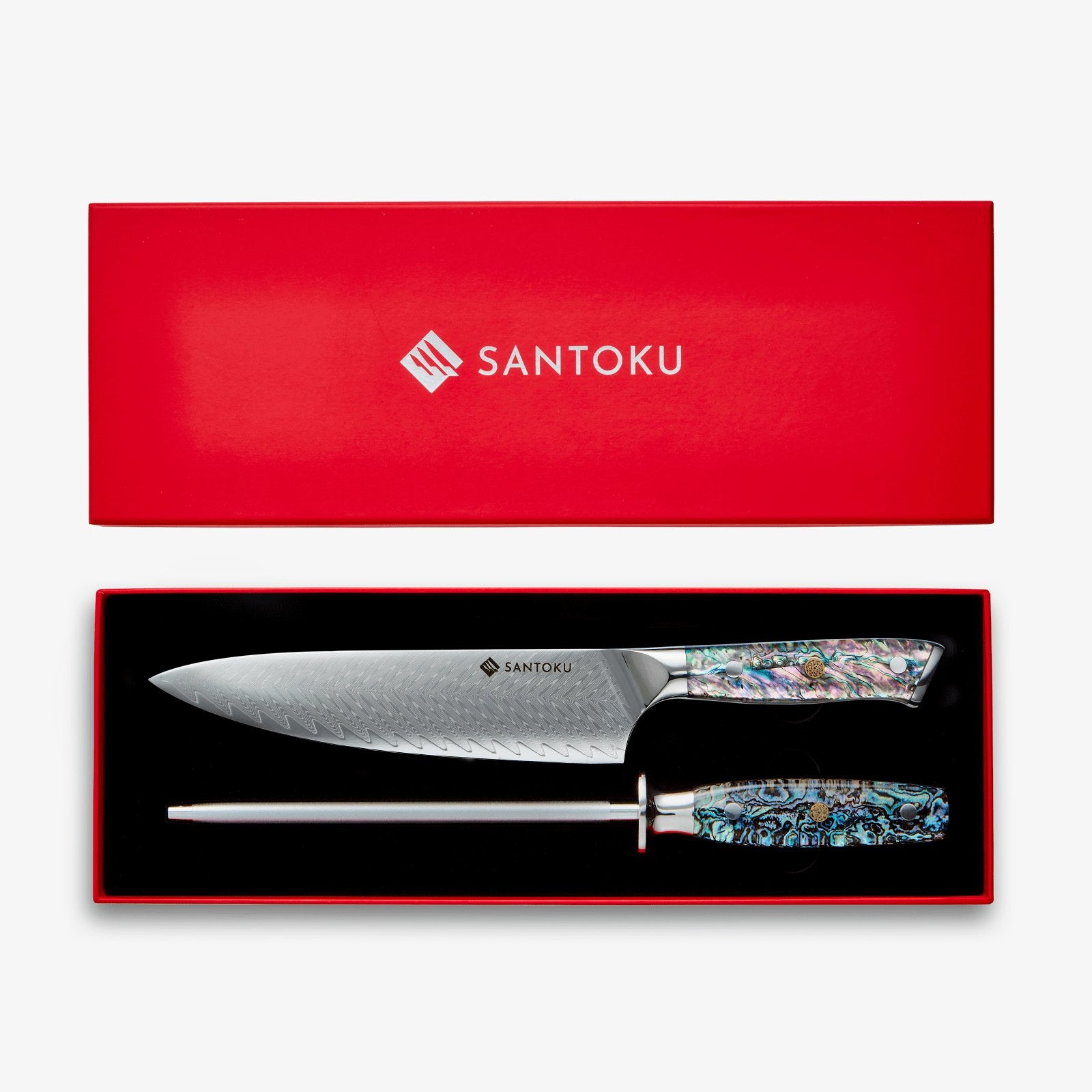 Chikashi (ちかし) Damasco Chef Knife & Steel Set con maniglia abalone