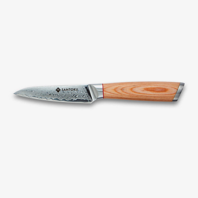 Coltello da cucina giapponese in acciaio damasco Haruta da 4 pollici VG10 con manico in legno e fodero