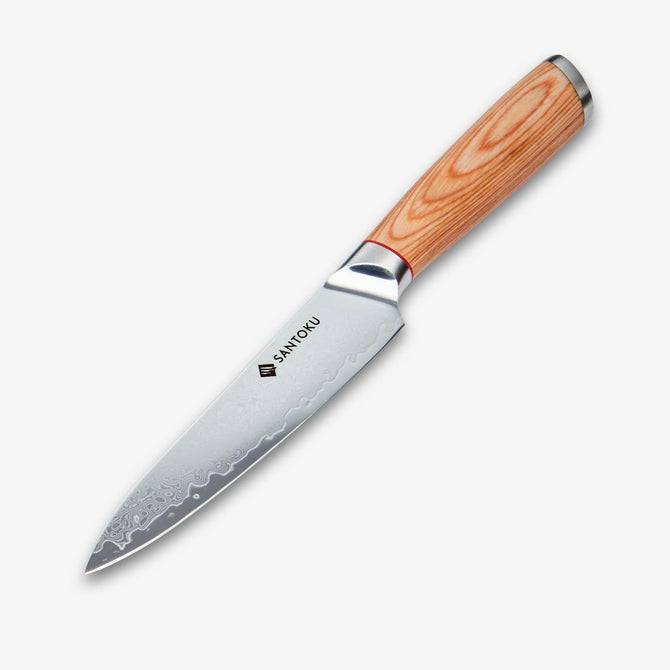 Coltello multiuso giapponese in acciaio damasco Haruta da 5 pollici VG10 con manico in legno e fodero